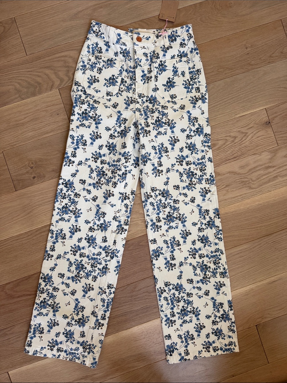 Boden White Floral Straight-Leg Jeans with Blue Print